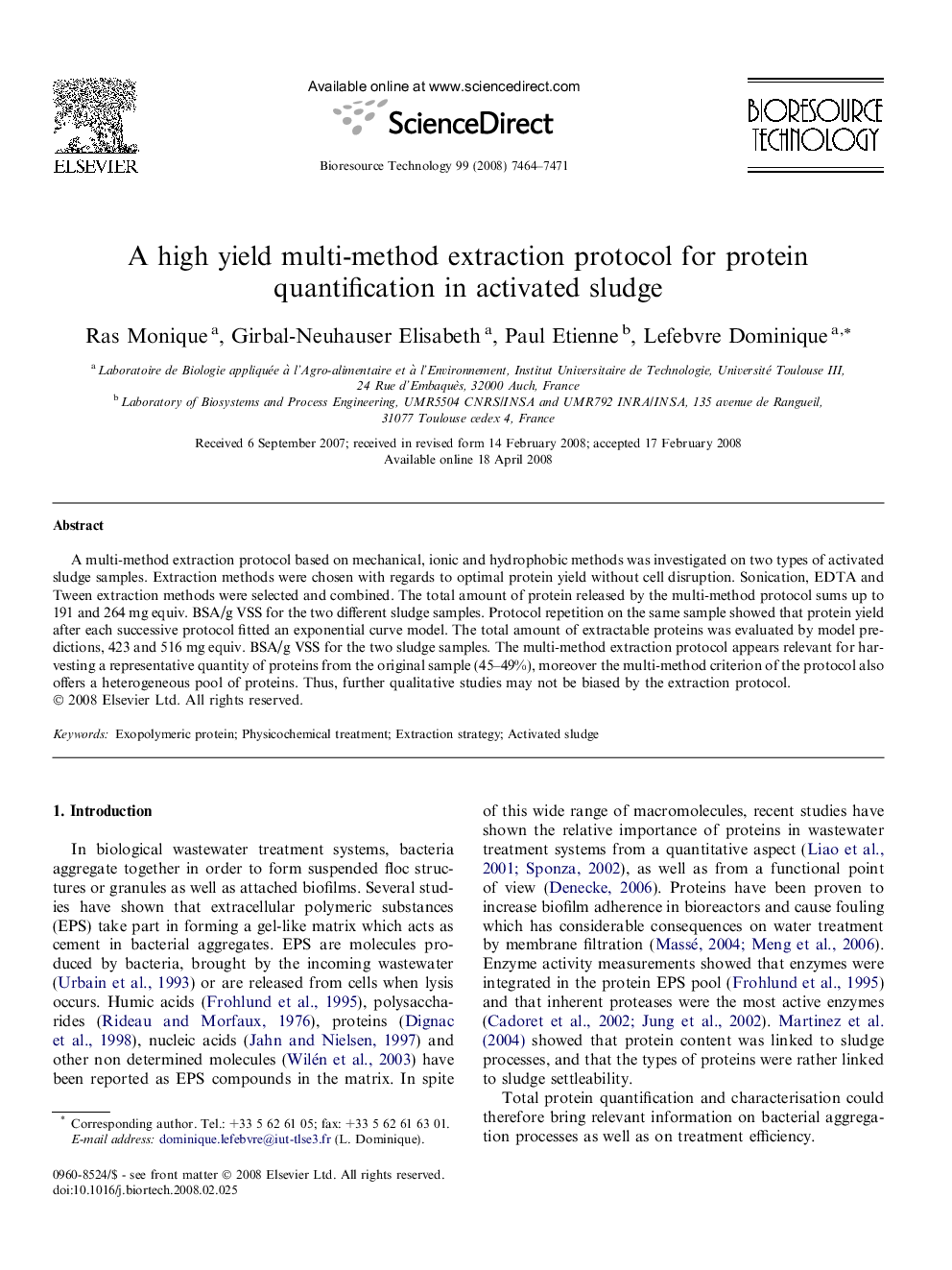 A high yield multi-method extraction protocol for protein quantification in activated sludge