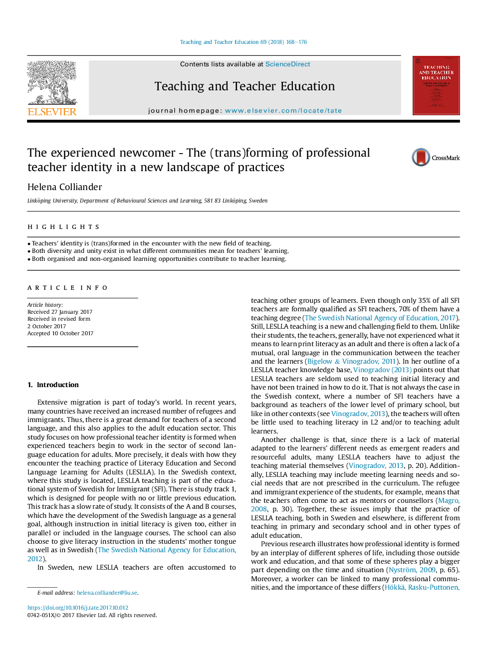 The experienced newcomer - The (trans)forming of professional teacher identity in a new landscape of practices