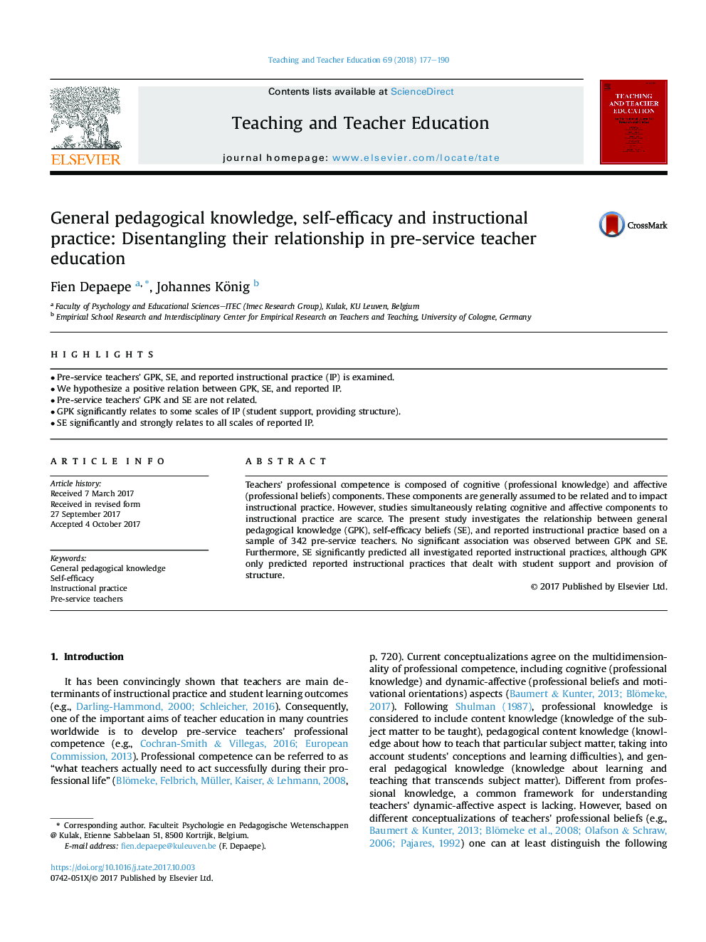 General pedagogical knowledge, self-efficacy and instructional practice: Disentangling their relationship in pre-service teacher education