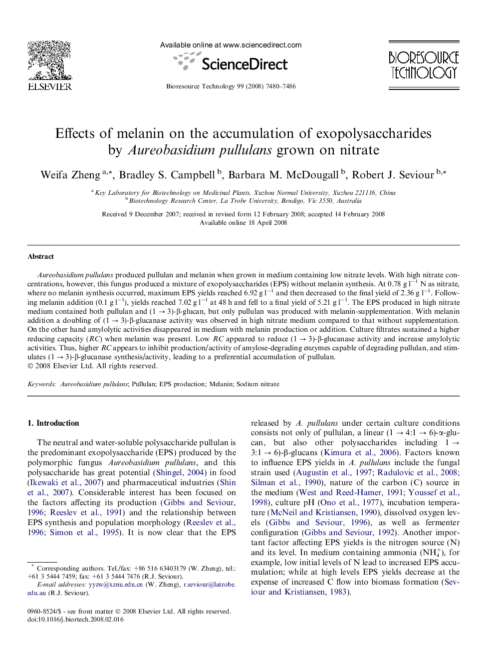 Effects of melanin on the accumulation of exopolysaccharides by Aureobasidium pullulans grown on nitrate