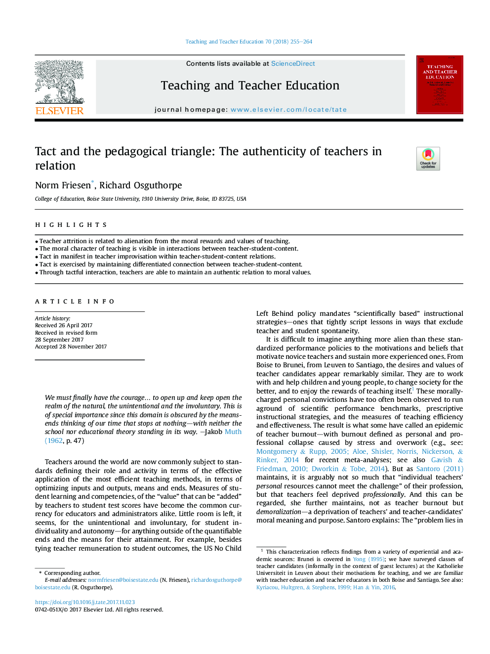 Tact and the pedagogical triangle: The authenticity of teachers in relation