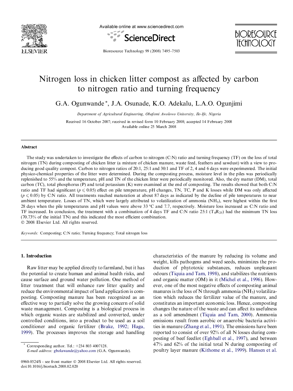 Nitrogen loss in chicken litter compost as affected by carbon to nitrogen ratio and turning frequency