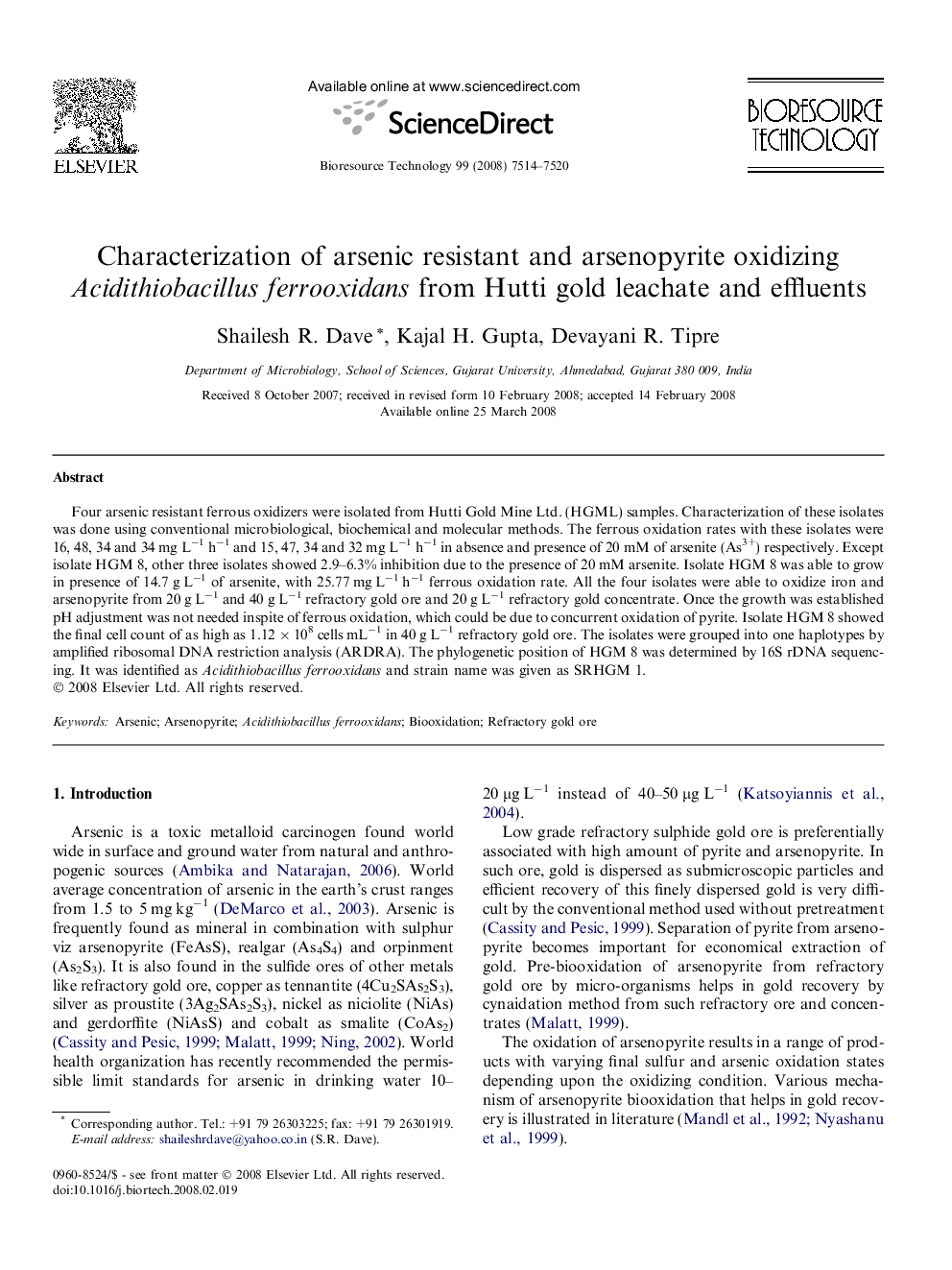 Characterization of arsenic resistant and arsenopyrite oxidizing Acidithiobacillus ferrooxidans from Hutti gold leachate and effluents