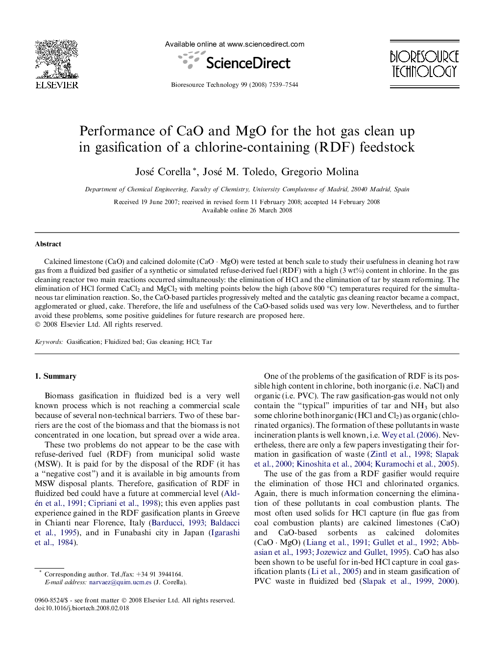 Performance of CaO and MgO for the hot gas clean up in gasification of a chlorine-containing (RDF) feedstock