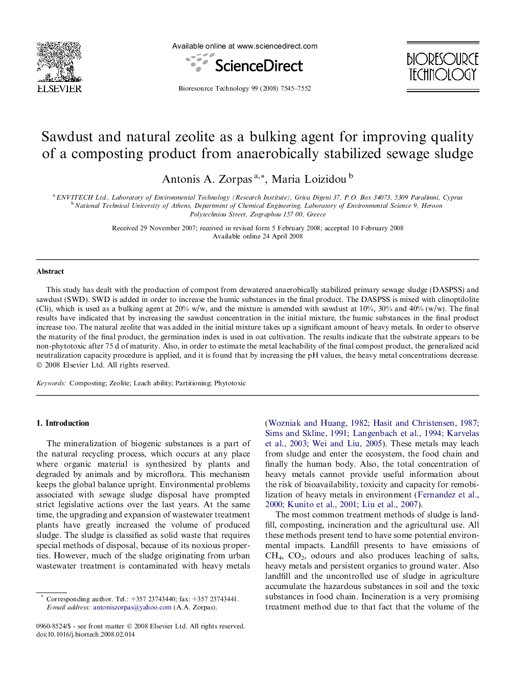 Sawdust and natural zeolite as a bulking agent for improving quality of a composting product from anaerobically stabilized sewage sludge