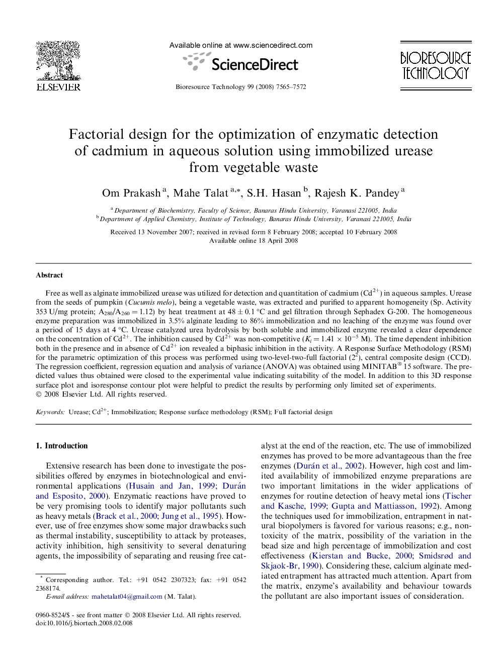 Factorial design for the optimization of enzymatic detection of cadmium in aqueous solution using immobilized urease from vegetable waste