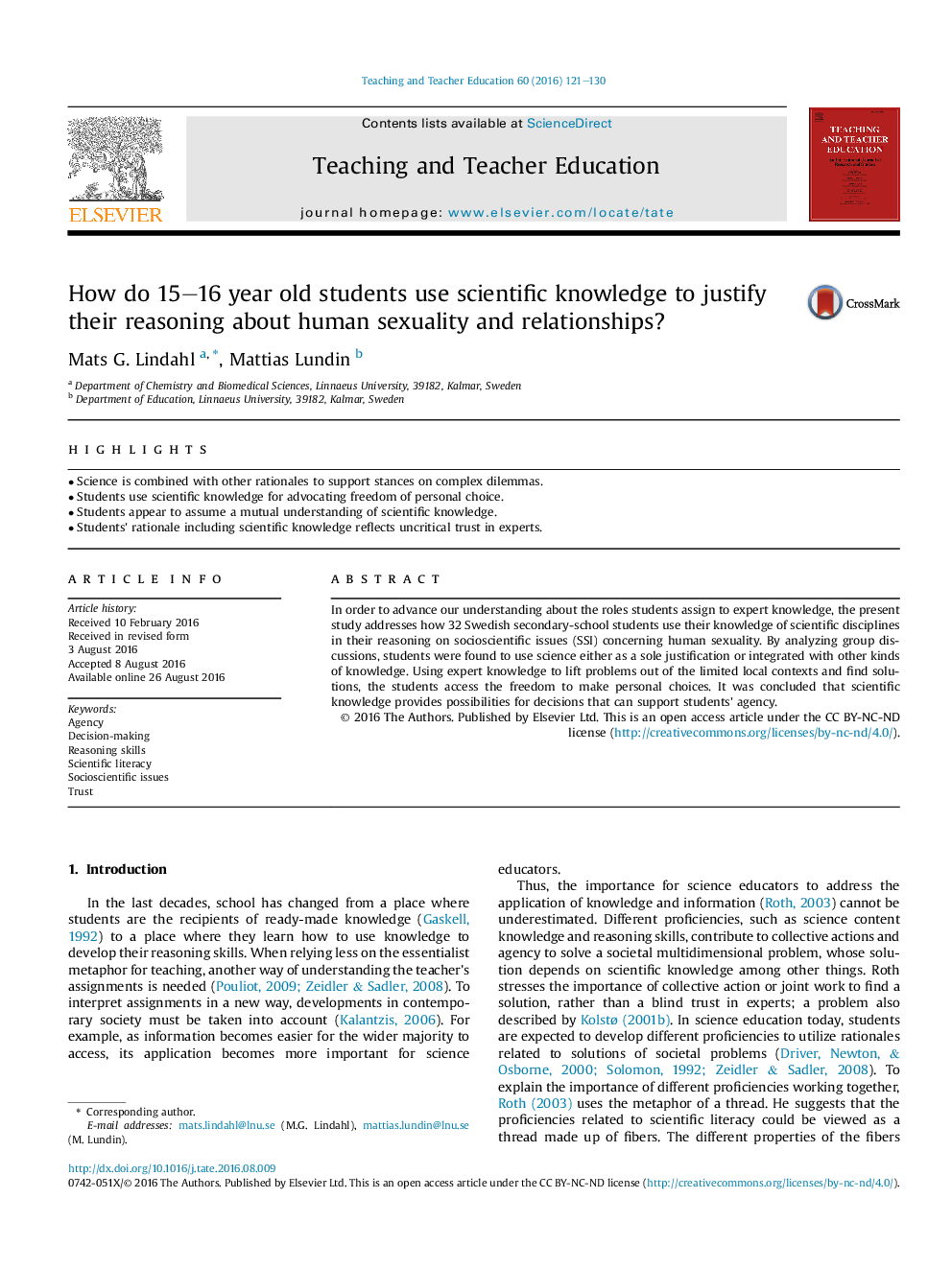 How do 15-16 year old students use scientific knowledge to justify their reasoning about human sexuality and relationships?