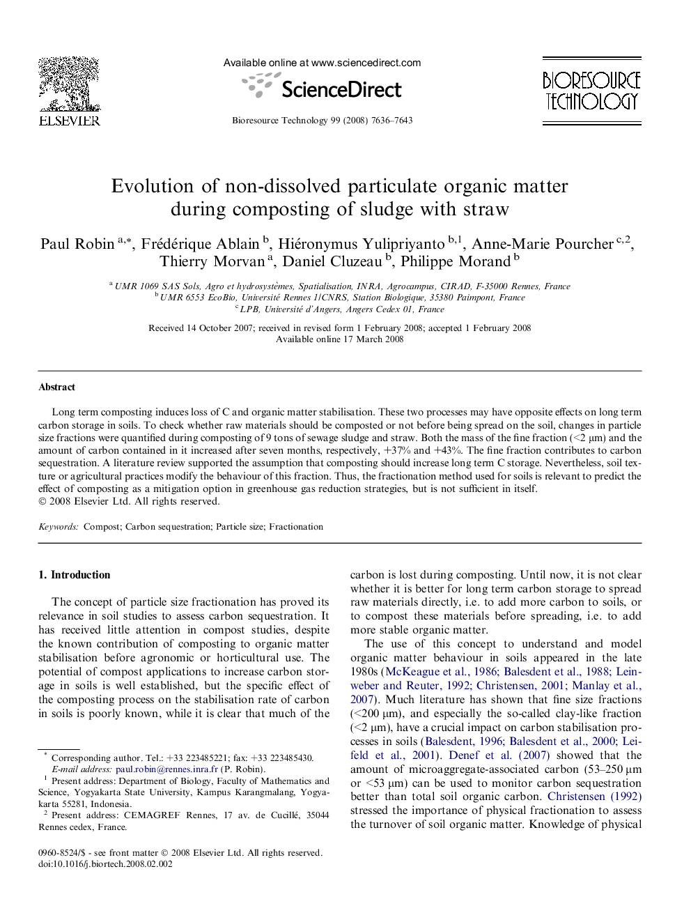 Evolution of non-dissolved particulate organic matter during composting of sludge with straw