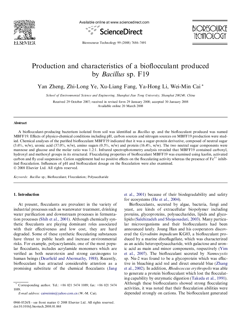 Production and characteristics of a bioflocculant produced by Bacillus sp. F19