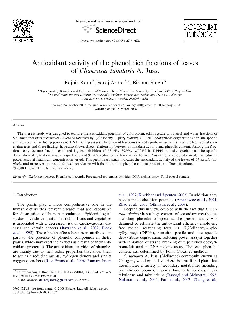 Antioxidant activity of the phenol rich fractions of leaves of Chukrasia tabularis A. Juss.