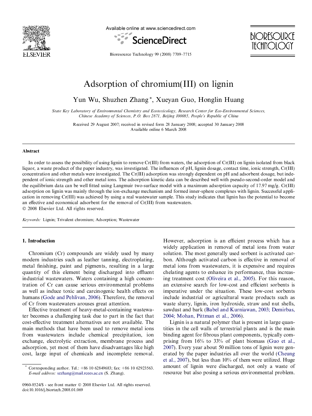 Adsorption of chromium(III) on lignin