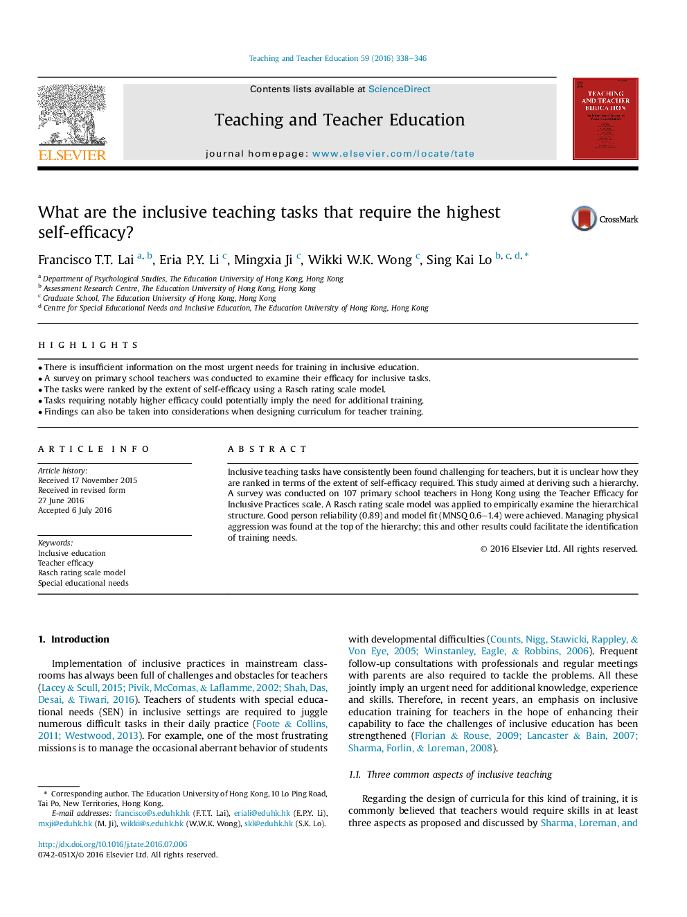 What are the inclusive teaching tasks that require the highest self-efficacy?