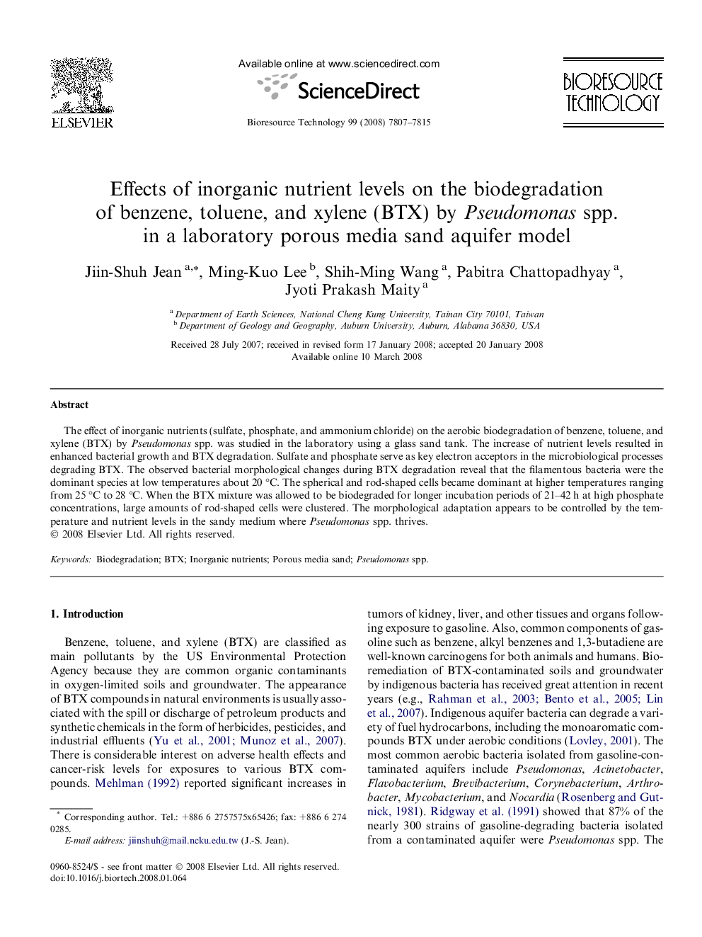 Effects of inorganic nutrient levels on the biodegradation of benzene, toluene, and xylene (BTX) by Pseudomonas spp. in a laboratory porous media sand aquifer model