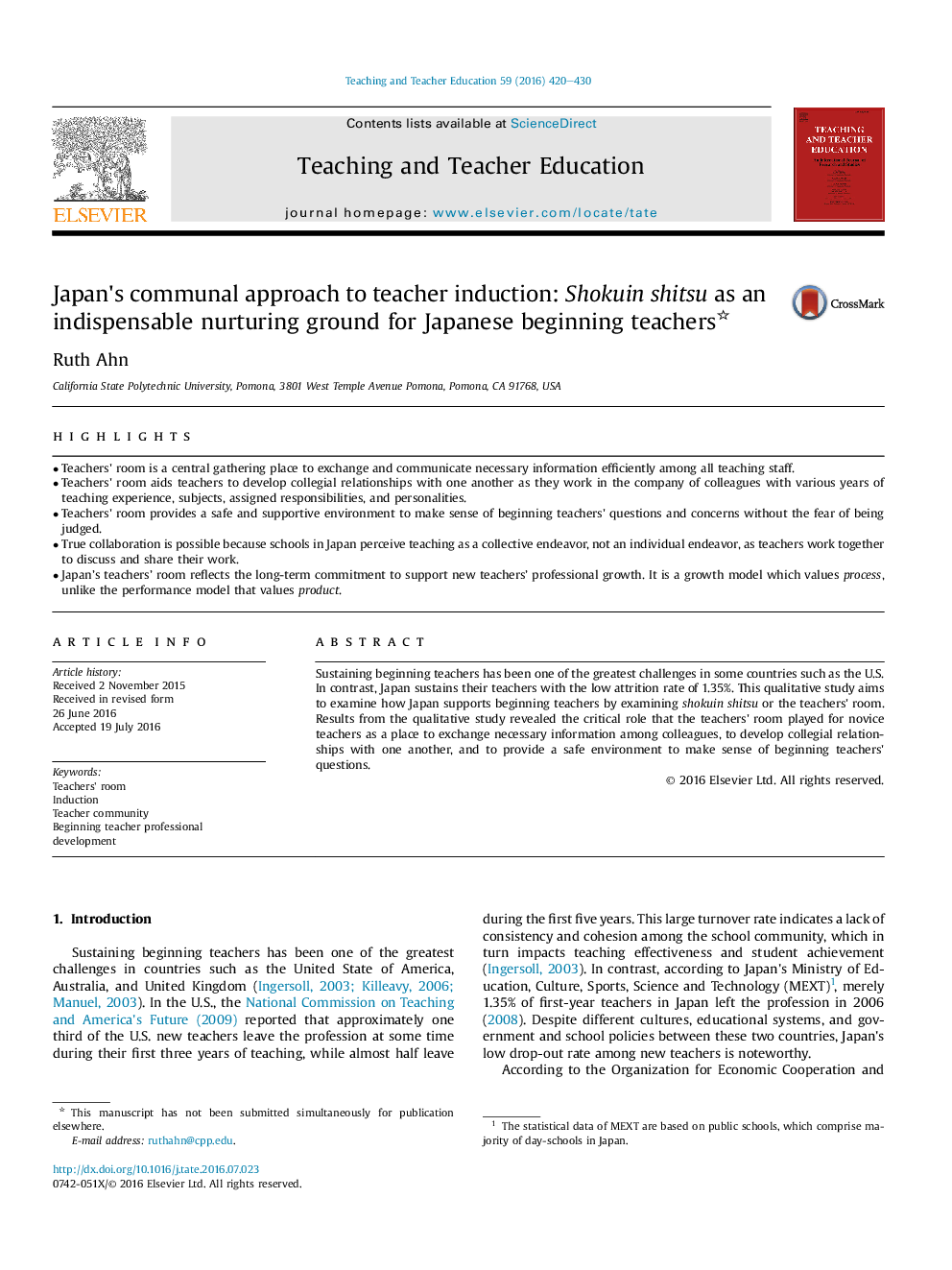 Japan's communal approach to teacher induction: Shokuin shitsu as an indispensable nurturing ground for Japanese beginning teachers