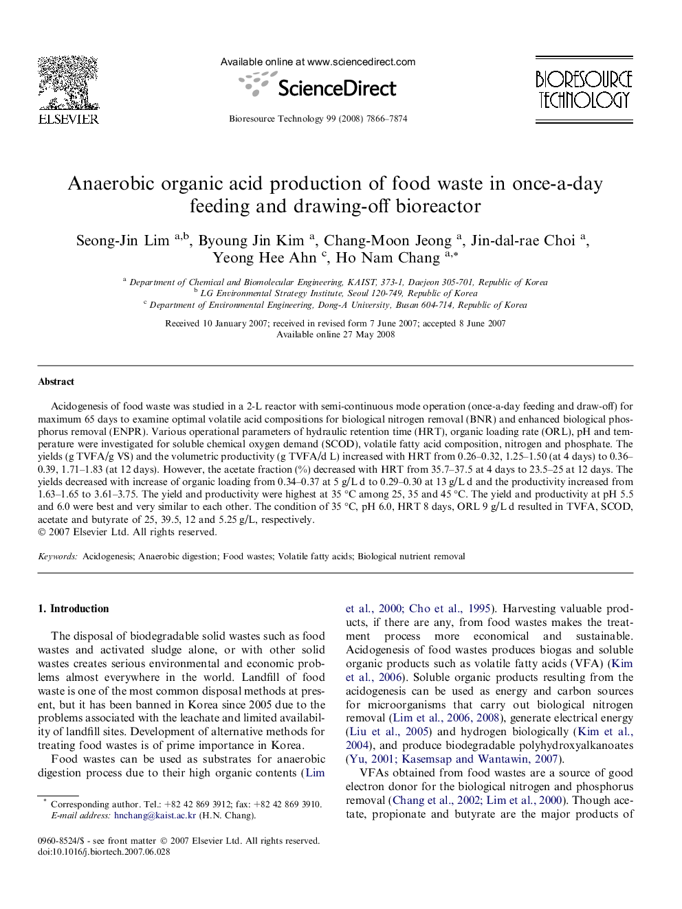 Anaerobic organic acid production of food waste in once-a-day feeding and drawing-off bioreactor