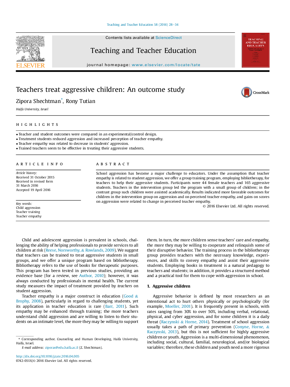 Teachers treat aggressive children: An outcome study