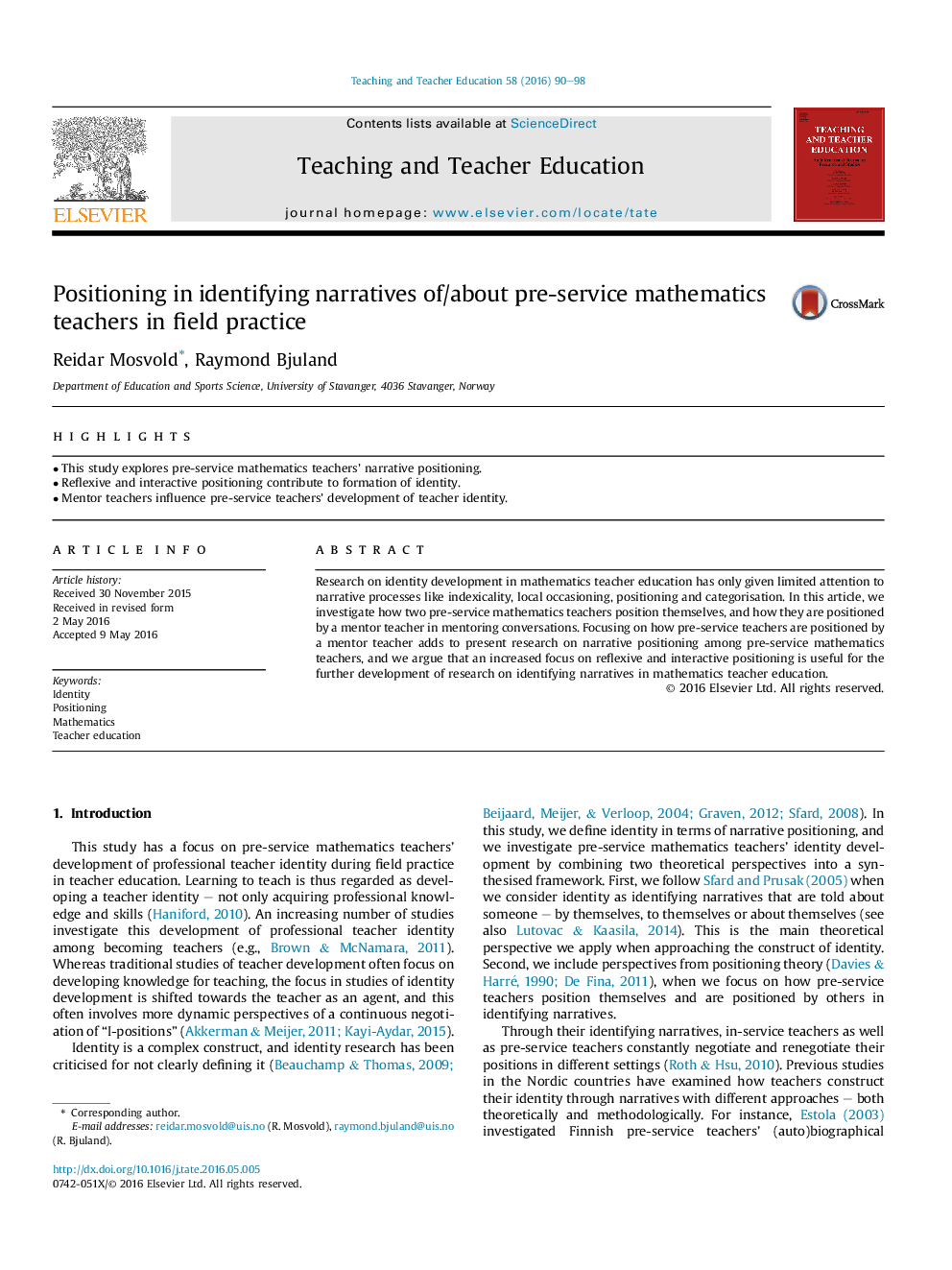 Positioning in identifying narratives of/about pre-service mathematics teachers in field practice