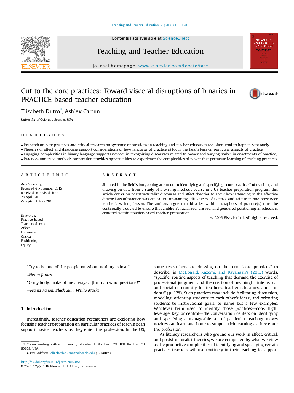 Cut to the core practices: Toward visceral disruptions of binaries in PRACTICE-based teacher education