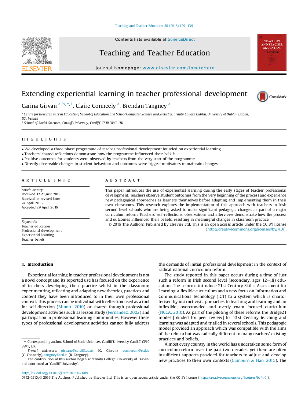 Extending experiential learning in teacher professional development