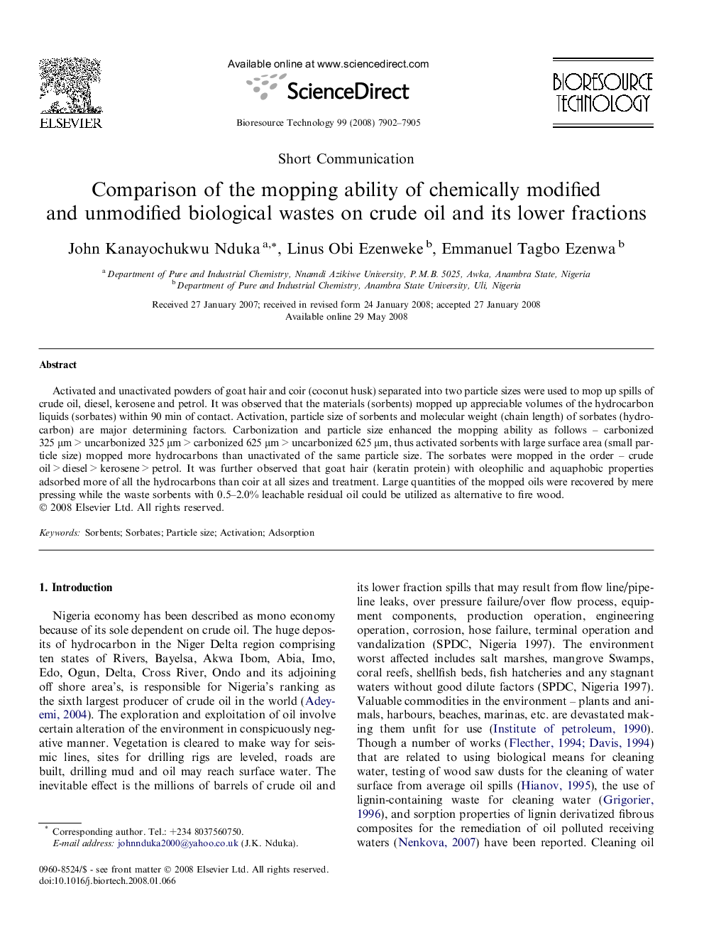 Comparison of the mopping ability of chemically modified and unmodified biological wastes on crude oil and its lower fractions