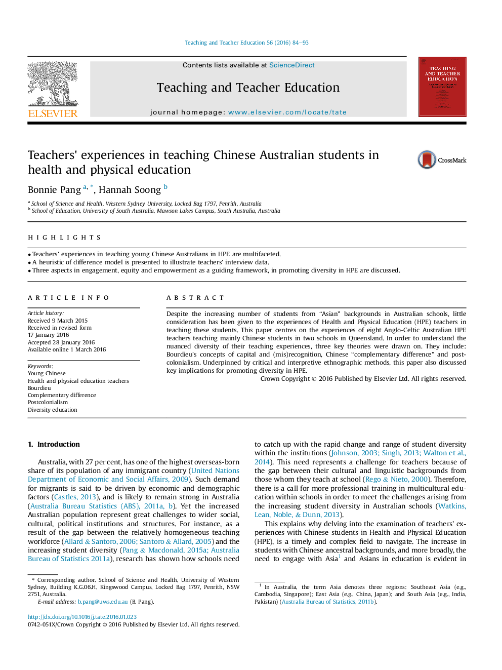 Teachers' experiences in teaching Chinese Australian students in health and physical education