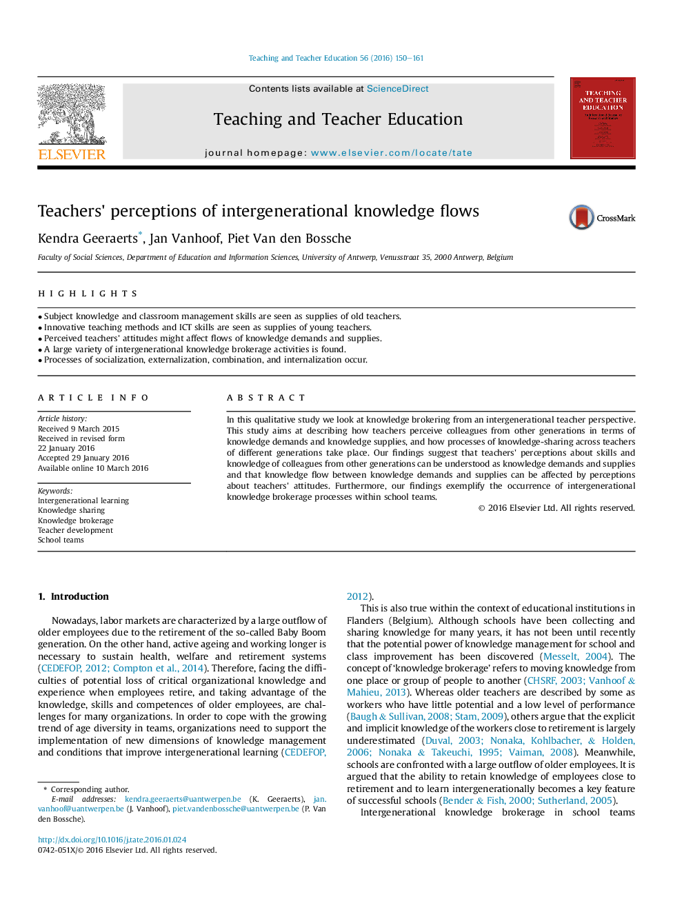 Teachers' perceptions of intergenerational knowledge flows