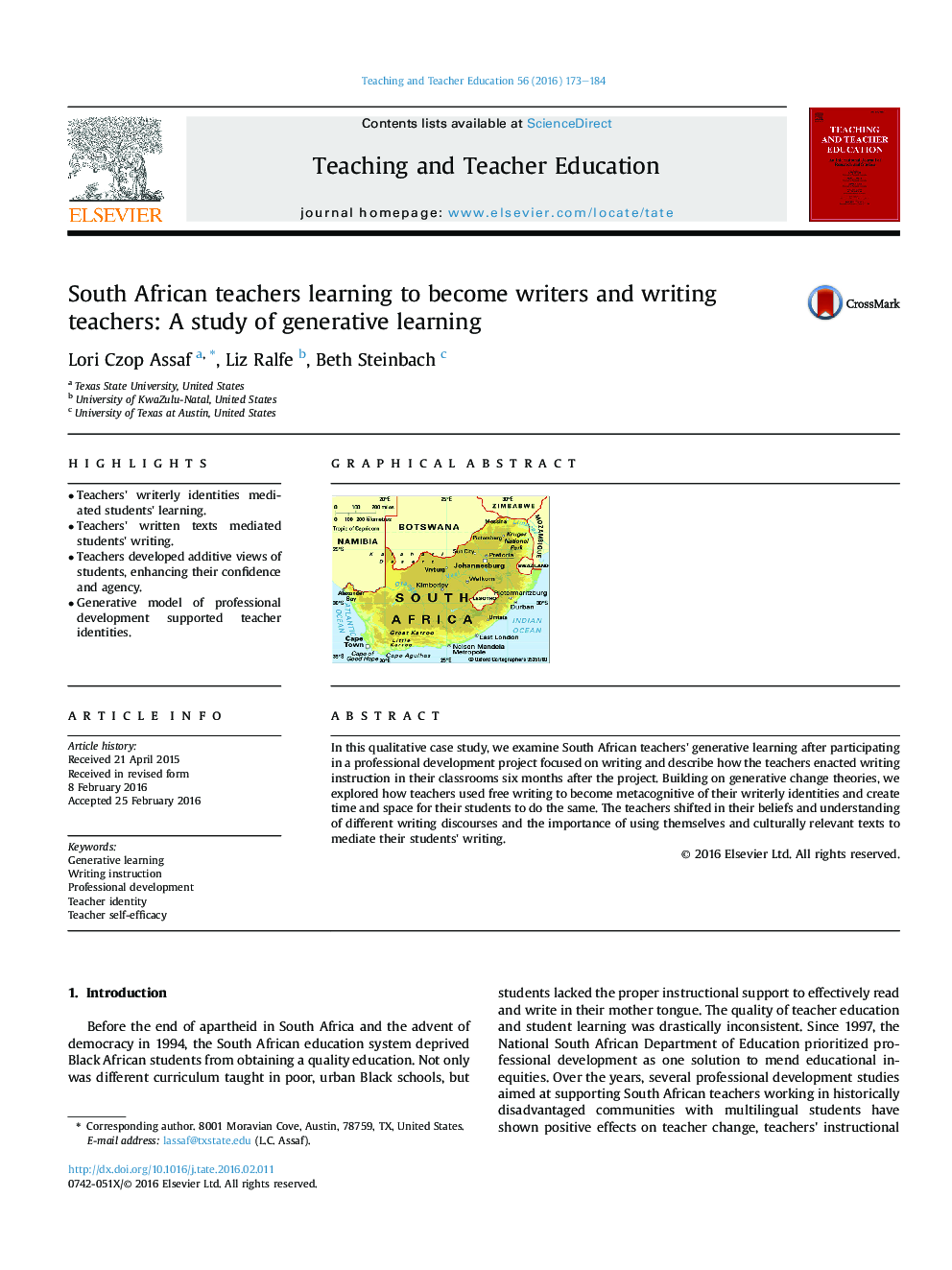 South African teachers learning to become writers and writing teachers: A study of generative learning