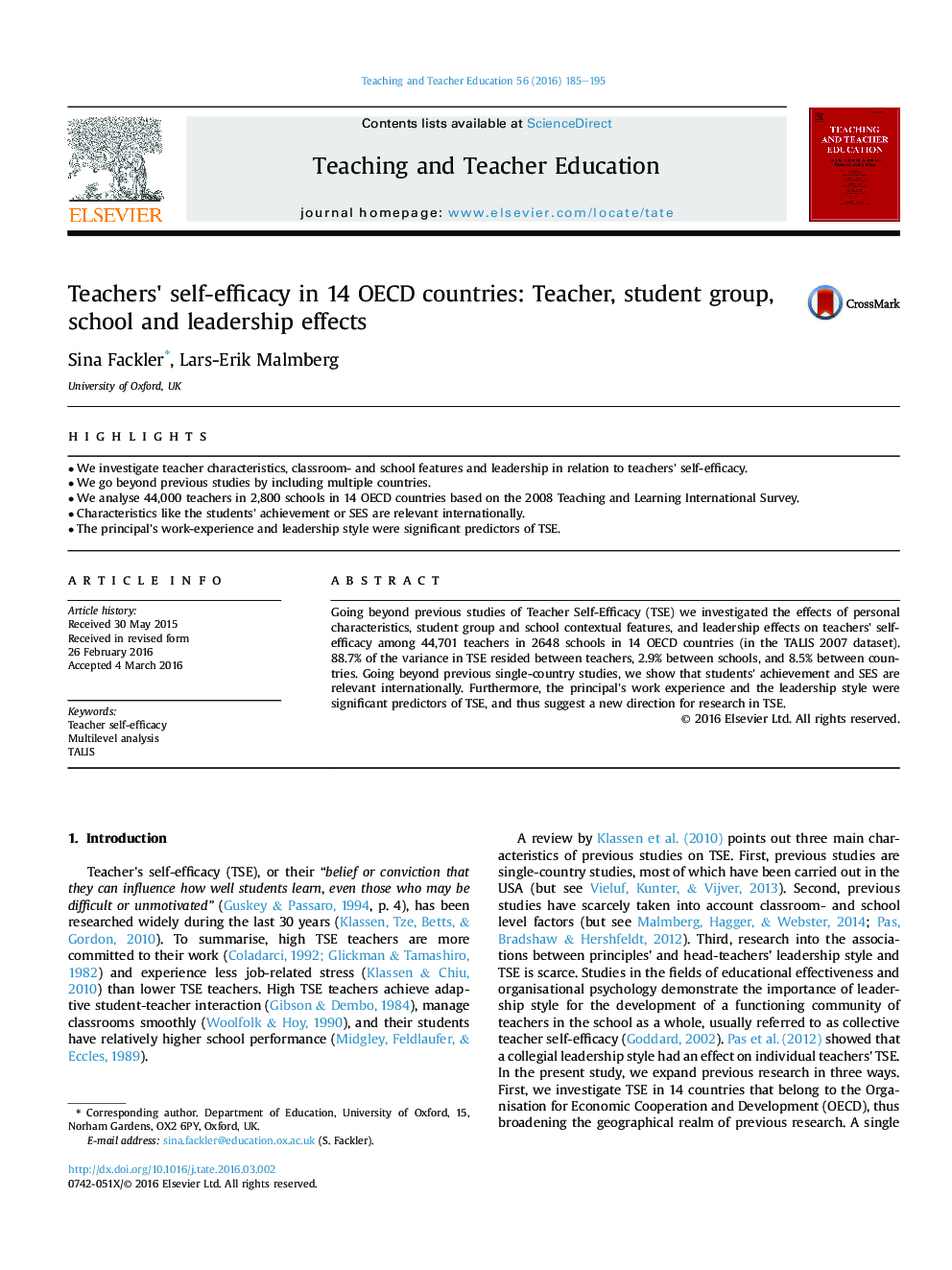 Teachers' self-efficacy in 14 OECD countries: Teacher, student group, school and leadership effects