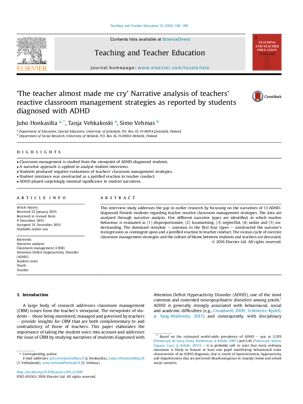 'The teacher almost made me cry' Narrative analysis of teachers' reactive classroom management strategies as reported by students diagnosed with ADHD