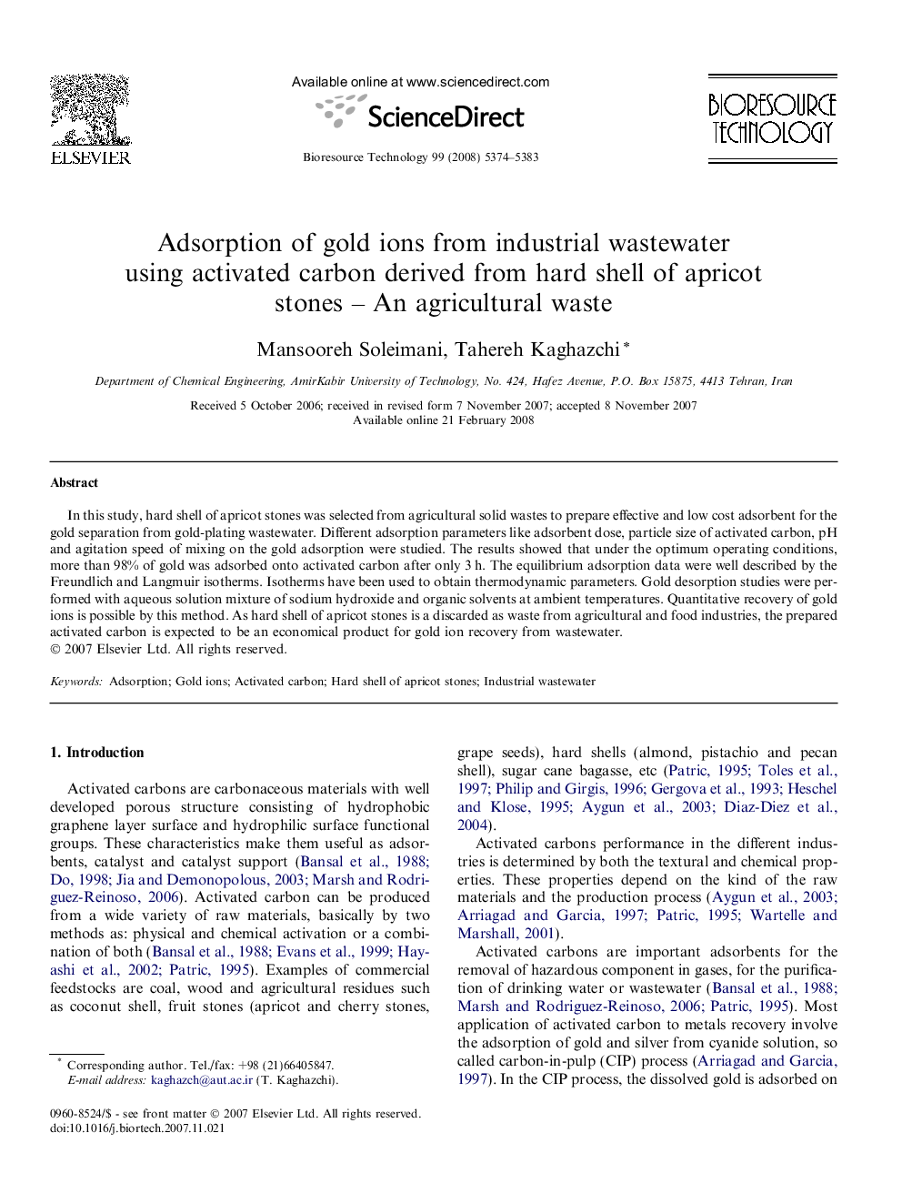 Adsorption of gold ions from industrial wastewater using activated carbon derived from hard shell of apricot stones – An agricultural waste