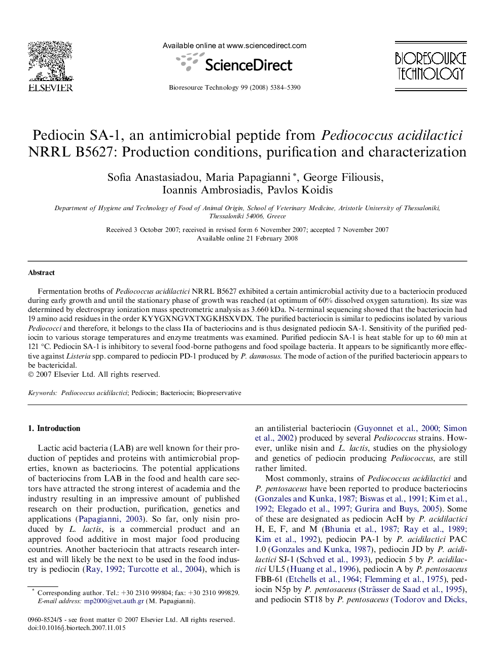 Pediocin SA-1, an antimicrobial peptide from Pediococcus acidilactici NRRL B5627: Production conditions, purification and characterization