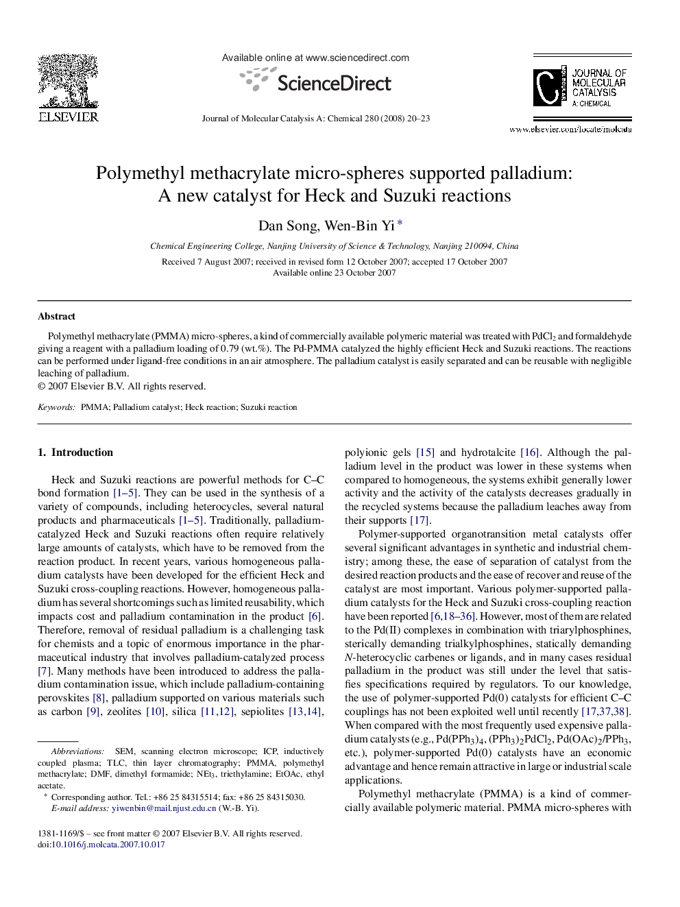 عکس صفحه اول مقاله: Polymethyl methacrylate micro-spheres supported palladium: A new catalyst for Heck and Suzuki reactions Polymethyl methacrylate micro-spheres supported palladium: A new catalyst for Heck and Suzuki reactions