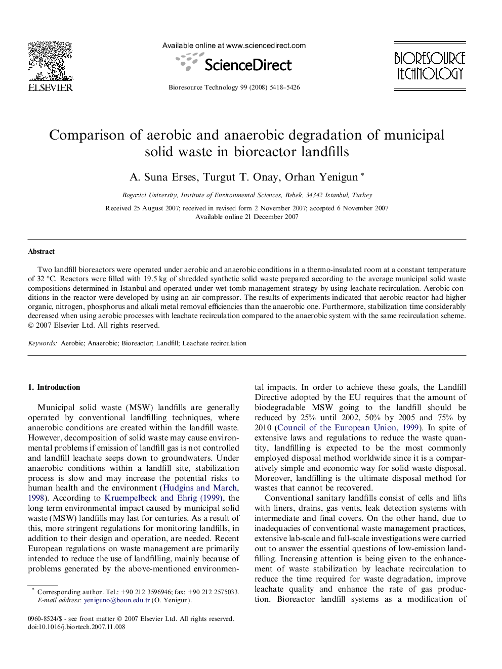 عکس صفحه اول مقاله: Comparison of aerobic and anaerobic degradation of municipal solid waste in bioreactor landfills Comparison of aerobic and anaerobic degradation of municipal solid waste in bioreactor landfills
