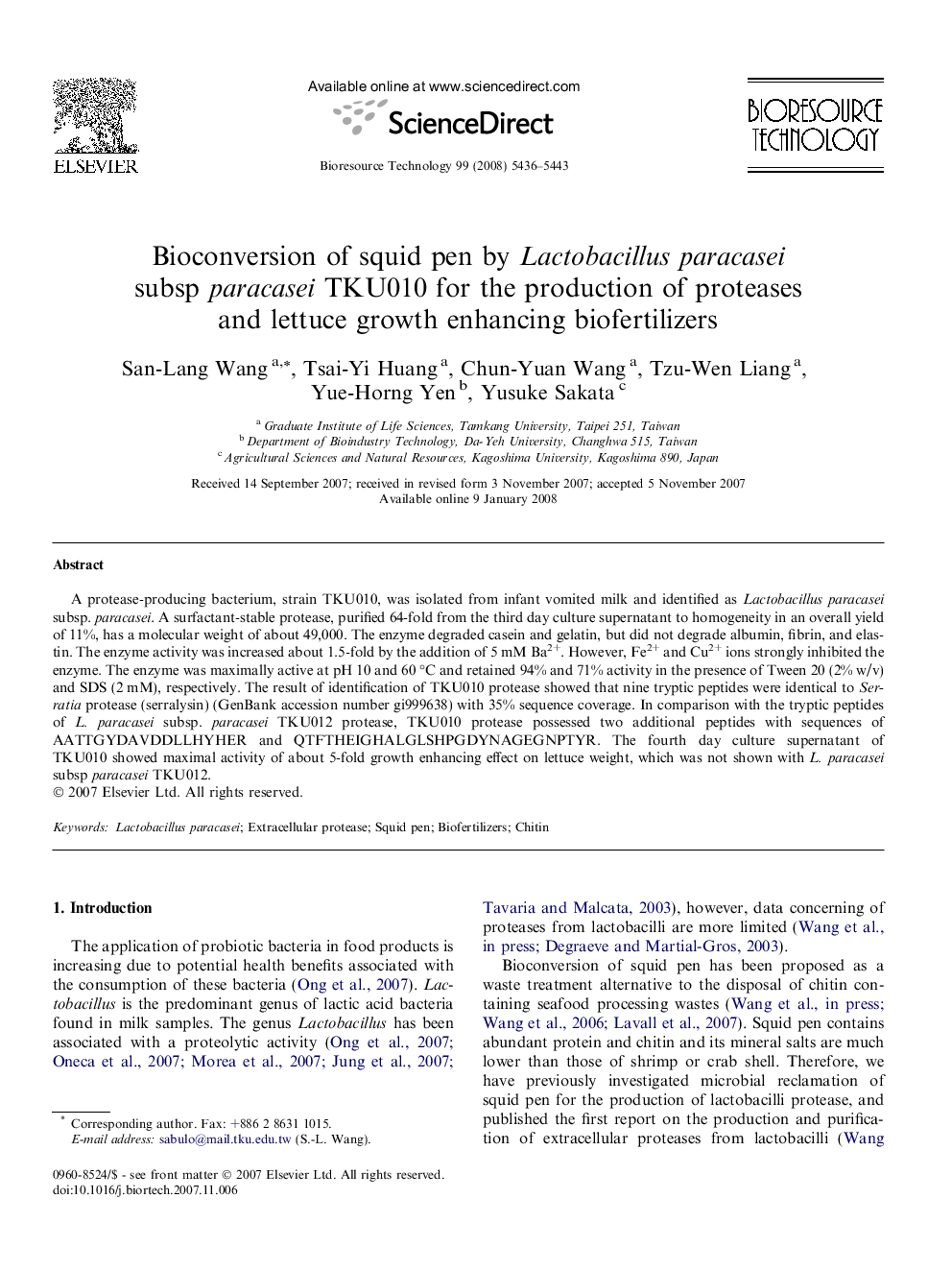 Bioconversion of squid pen by Lactobacillus paracasei subsp paracasei TKU010 for the production of proteases and lettuce growth enhancing biofertilizers