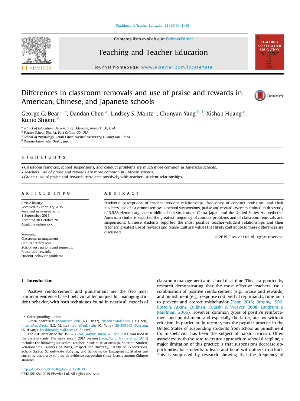 Differences in classroom removals and use of praise and rewards in American, Chinese, and Japanese schools