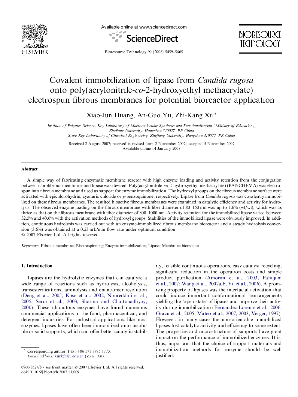 Covalent immobilization of lipase from Candida rugosa onto poly(acrylonitrile-co-2-hydroxyethyl methacrylate) electrospun fibrous membranes for potential bioreactor application