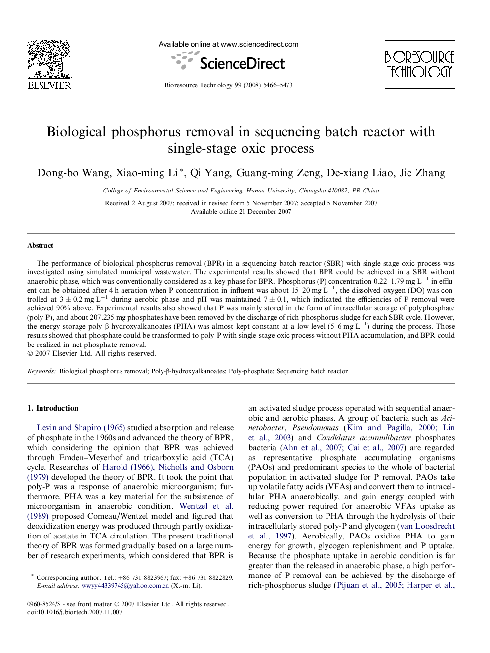 Biological phosphorus removal in sequencing batch reactor with single-stage oxic process