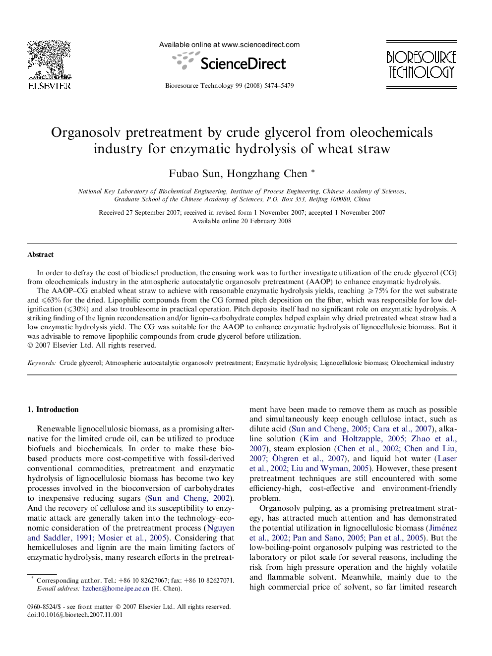 Organosolv pretreatment by crude glycerol from oleochemicals industry for enzymatic hydrolysis of wheat straw