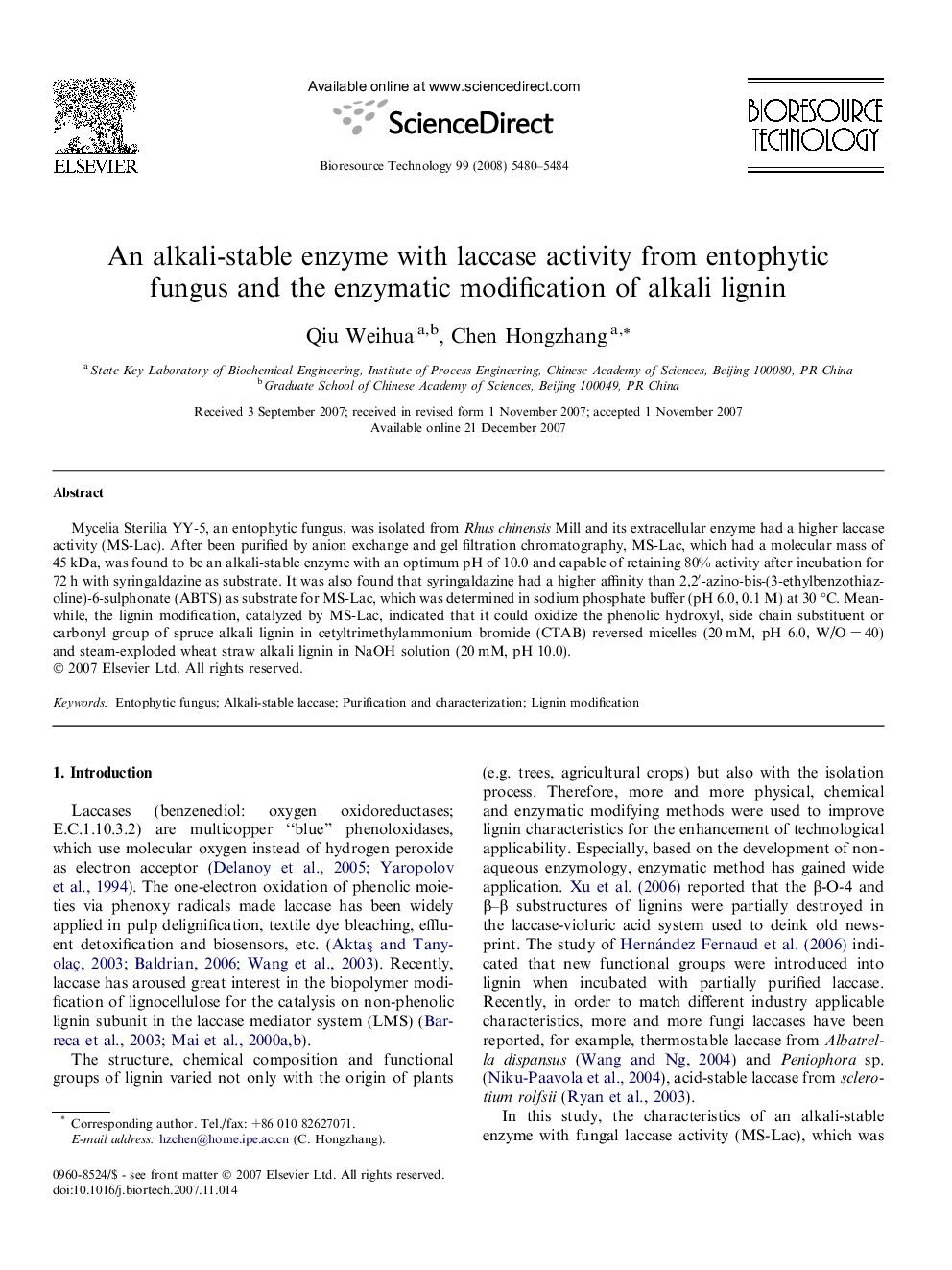 An alkali-stable enzyme with laccase activity from entophytic fungus and the enzymatic modification of alkali lignin