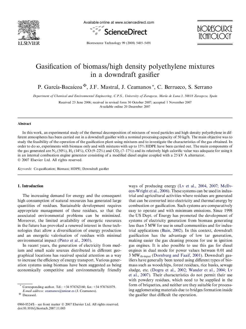 Gasification of biomass/high density polyethylene mixtures in a downdraft gasifier