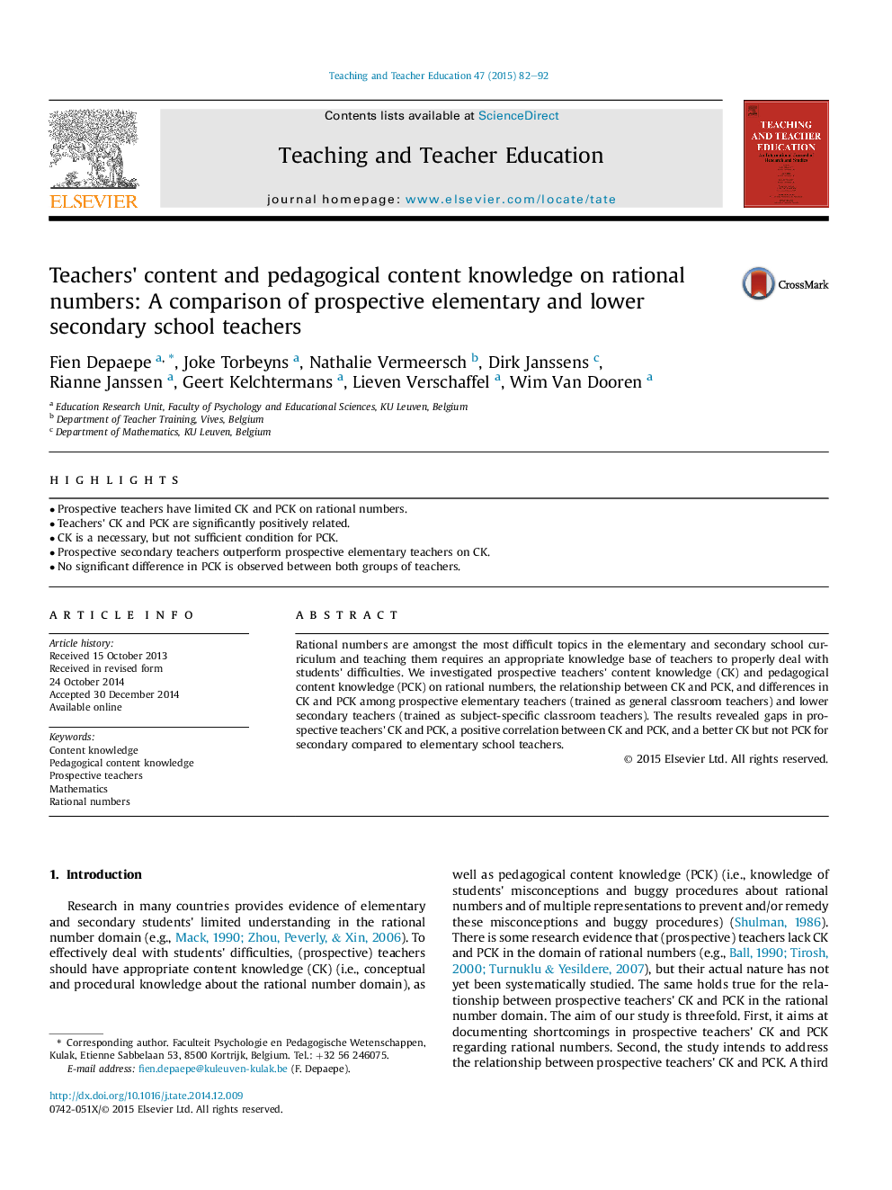 Teachers' content and pedagogical content knowledge on rational numbers: A comparison of prospective elementary and lower secondary school teachers