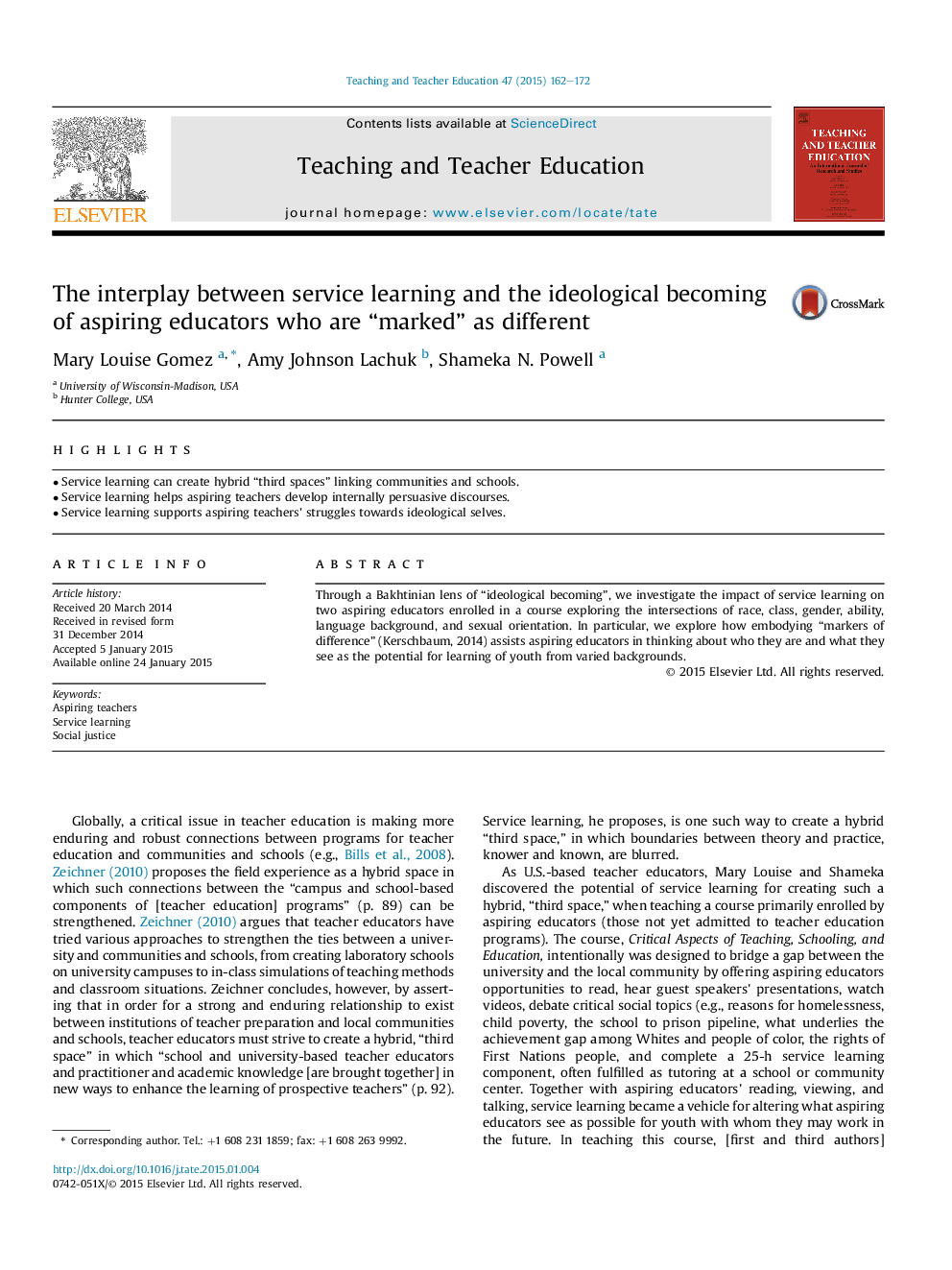 The interplay between service learning and the ideological becoming of aspiring educators who are “marked” as different