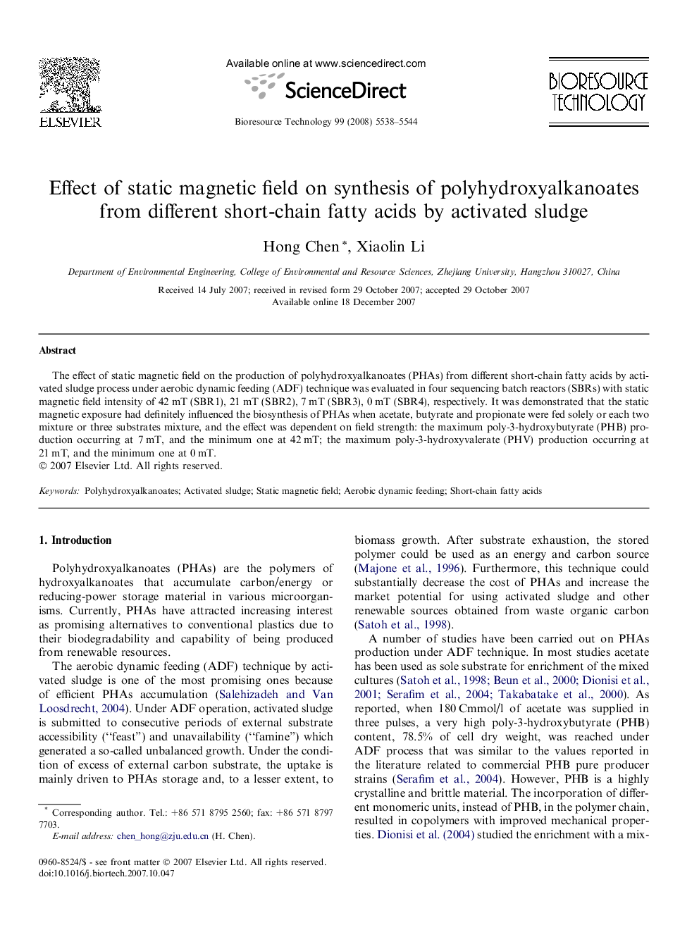 Effect of static magnetic field on synthesis of polyhydroxyalkanoates from different short-chain fatty acids by activated sludge