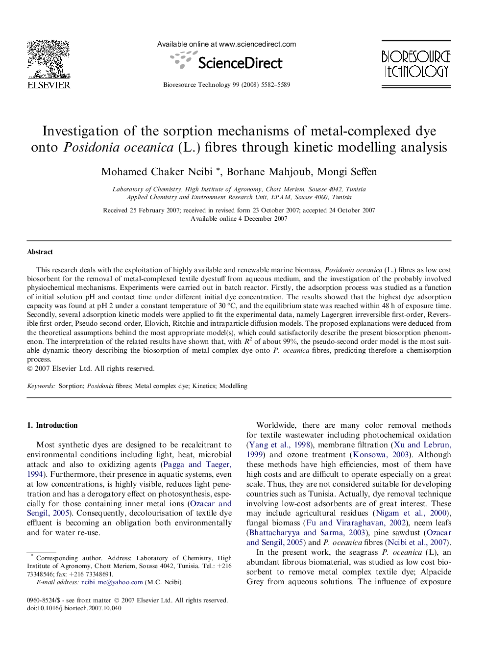 Investigation of the sorption mechanisms of metal-complexed dye onto Posidonia oceanica (L.) fibres through kinetic modelling analysis