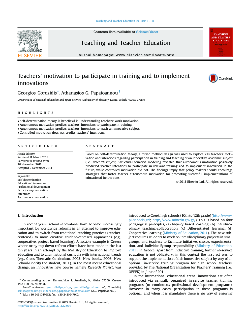 Teachers' motivation to participate in training and to implement innovations