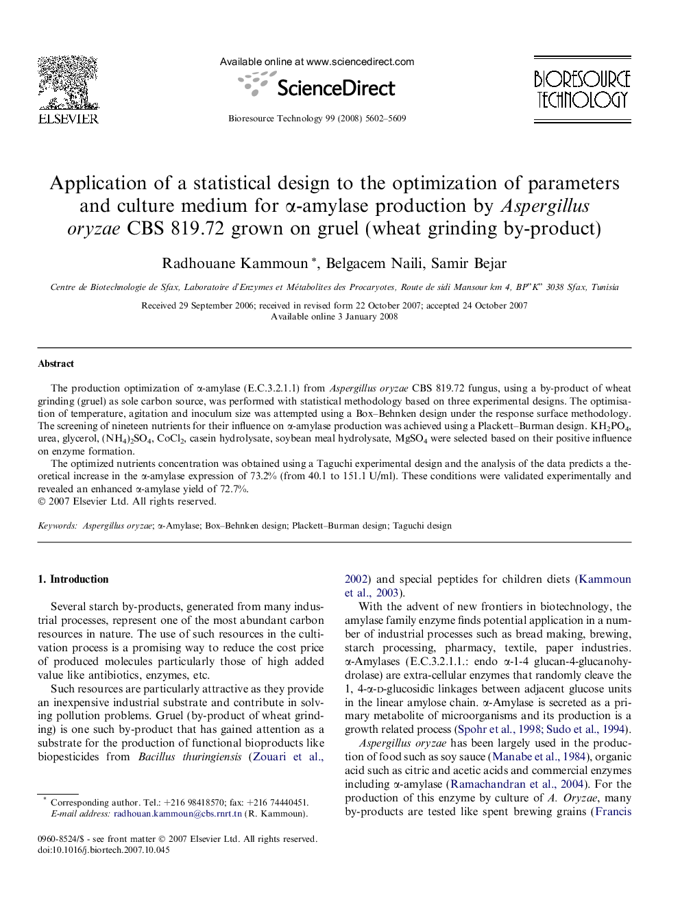Application of a statistical design to the optimization of parameters and culture medium for α-amylase production by Aspergillus oryzae CBS 819.72 grown on gruel (wheat grinding by-product)