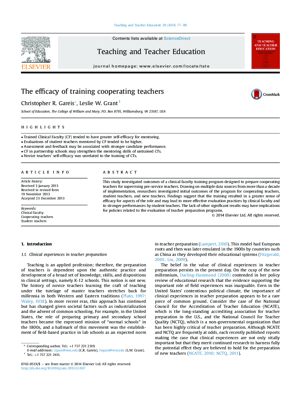 The efficacy of training cooperating teachers