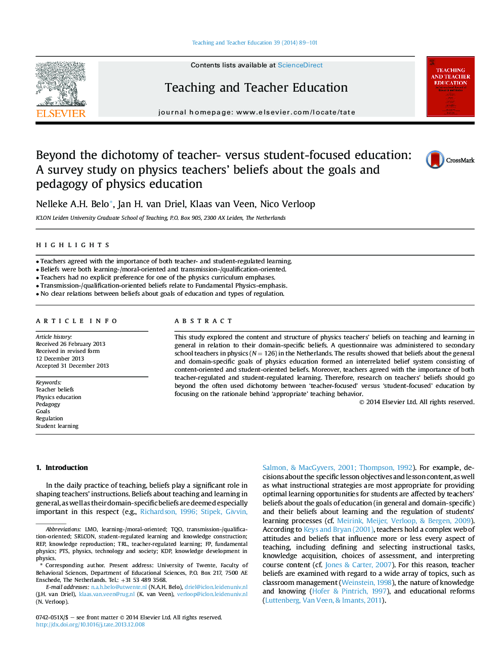 Beyond the dichotomy of teacher- versus student-focused education: A survey study on physics teachers' beliefs about the goals and pedagogy of physics education