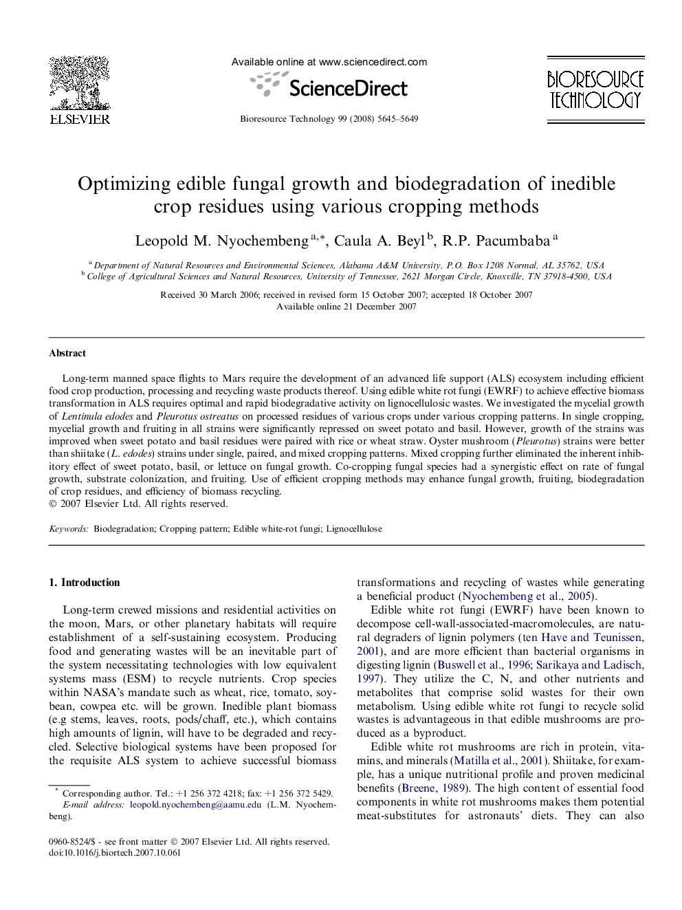 عکس صفحه اول مقاله: Optimizing edible fungal growth and biodegradation of inedible crop residues using various cropping methods Optimizing edible fungal growth and biodegradation of inedible crop residues using various cropping methods