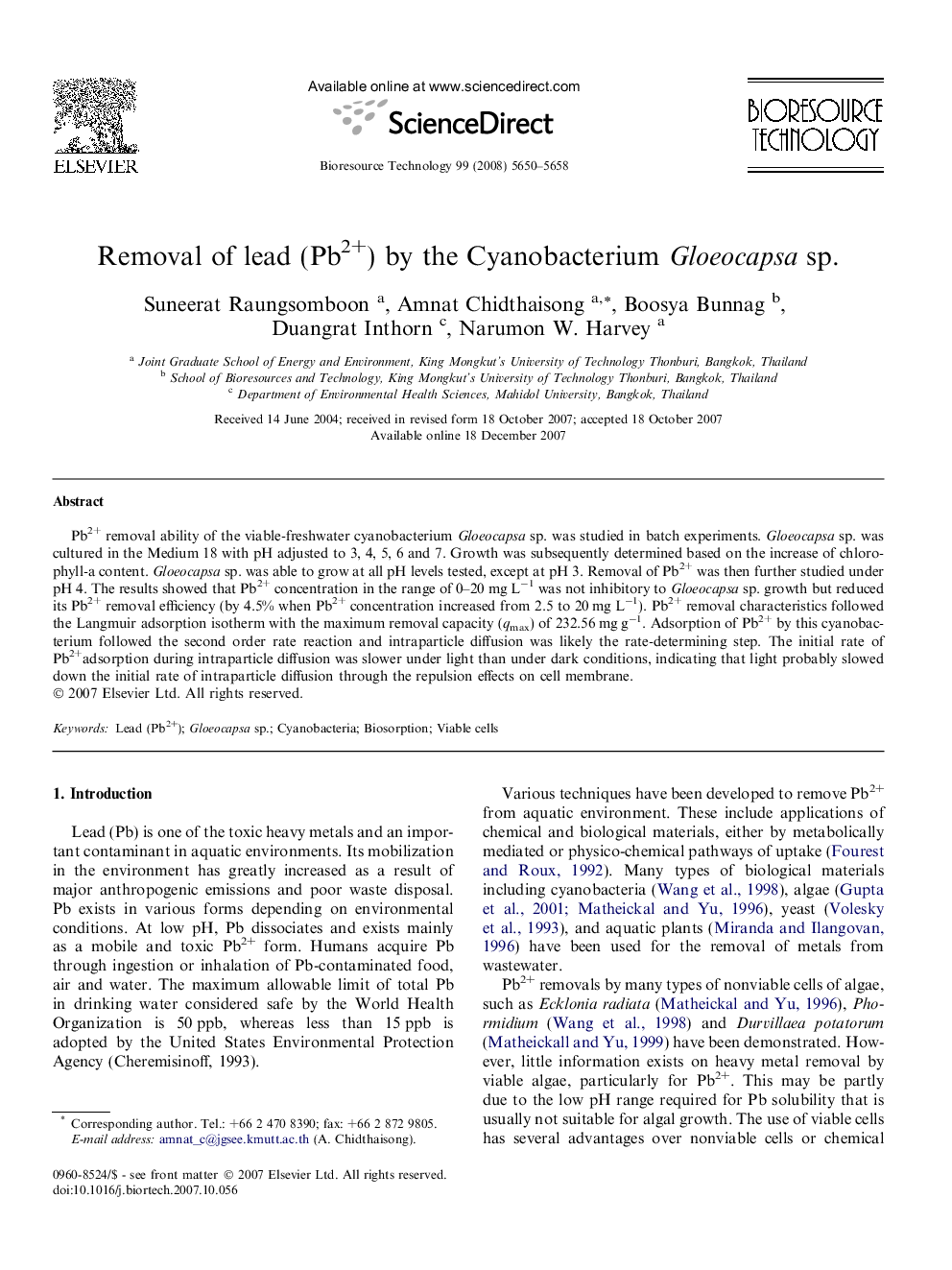 Removal of lead (Pb2+) by the Cyanobacterium Gloeocapsa sp.